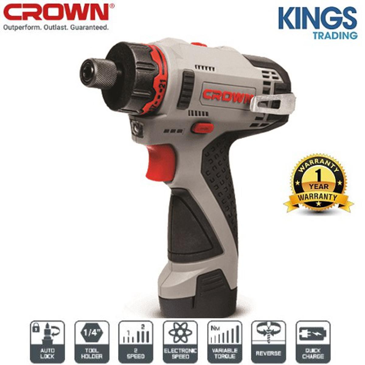 CROWN Cordless Screwdriver 12V (2Ah, Lithium-ion) 1/4