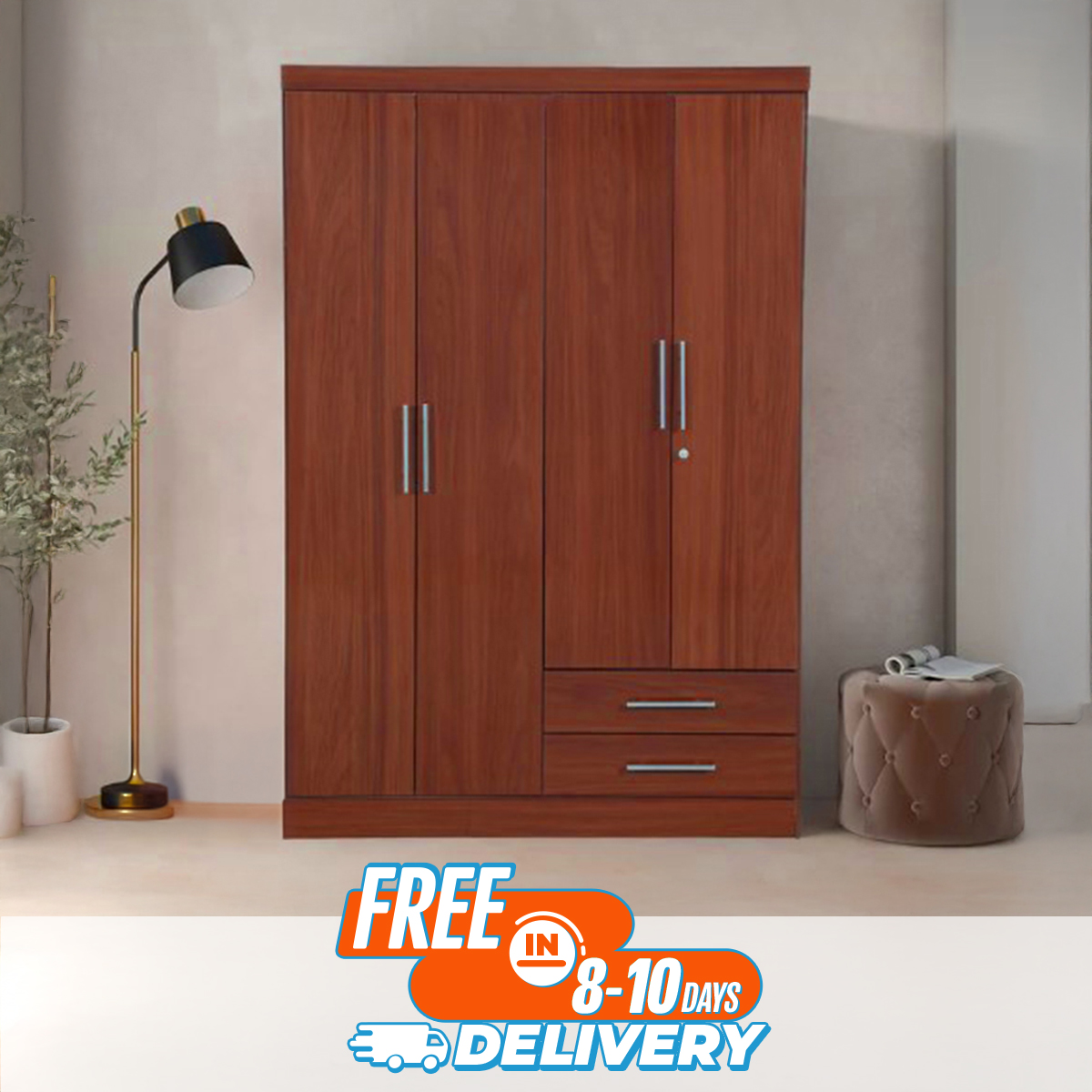 Glossy Cherry Secure 4-Door Wardrobe Partex MDF Laminated Board Almirah with 2 Large drawer and Clothe storage hanger shelf, 4 part Almira with Clothes storage shelve and drawer by Nice Shop,  4 doors wardrobes Almirah 72/48