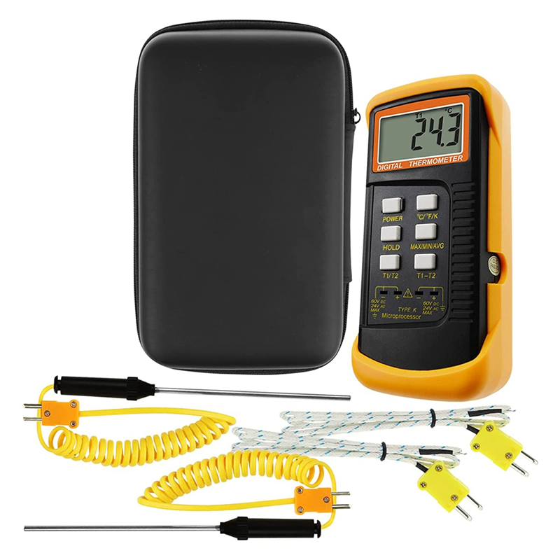 Digital K-Type Thermocouple Thermometer (-50-1300°C) with Dual Channels 4 Probes Handheld High Temperature. 