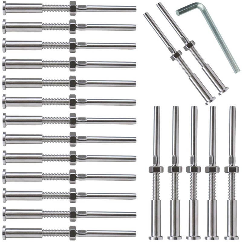 20Pcs Invisible Turnbuckle Hand Swage Threaded Stud Tension Hex Head End Fitting Receiver Terminal for 1/8 inch Cable Railing. 