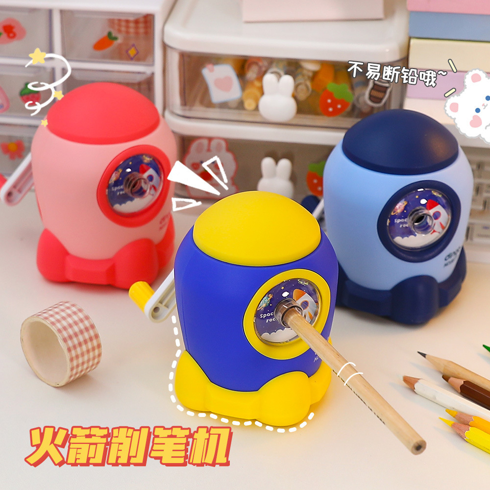 Rocket pencil sharpener for elementary school students, cute cartoon children, multifunctional drill sharpener, rotary planer pen machine