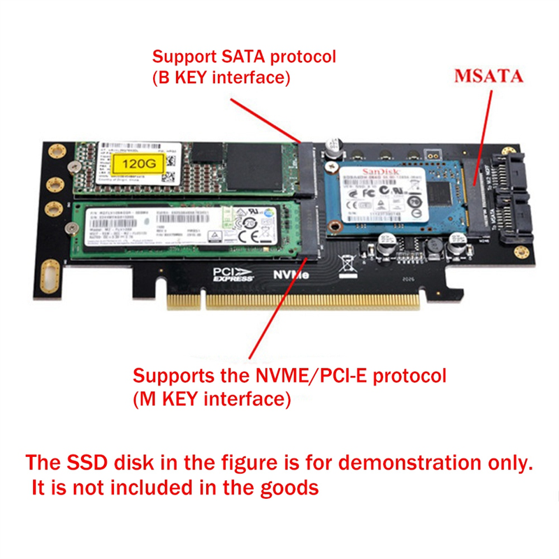 3 in 1 Desktop Computer Riser Card PCIE X16 to M.2 M Key NVME SSD M.2 B Key SATA SSD Adapter Card. 