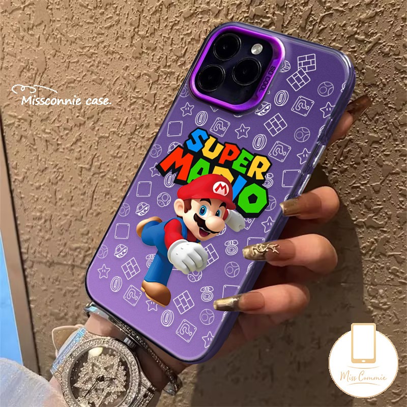 Cute Cartoon Super Mario Case Compatible for IPhone 16 11 15 14 13 12 Pro Max 7Plus XR X XS Max 15 7 16 8 Plus SE 2020 Luxury Plating Metal Lens Doodle Colored English Letter Cover. 