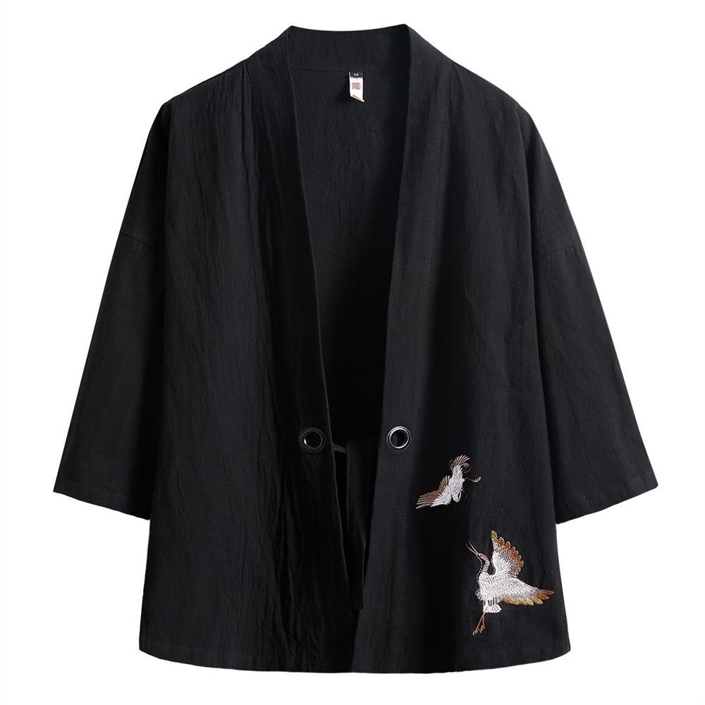 Robe Men's Style Outer Coat Suit Linen Cotton and Linen Embroidered Crane Japanese Japanese Style Kimono and Japanese Style Ukiyo-E Fashion. 