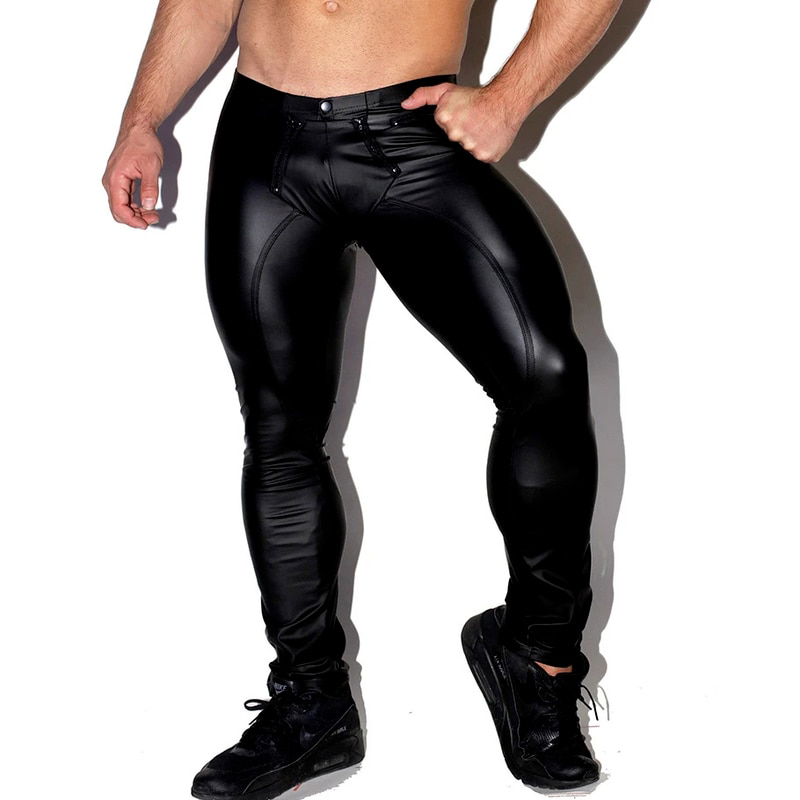Men Faux Leather Zipper Open Crotch 
