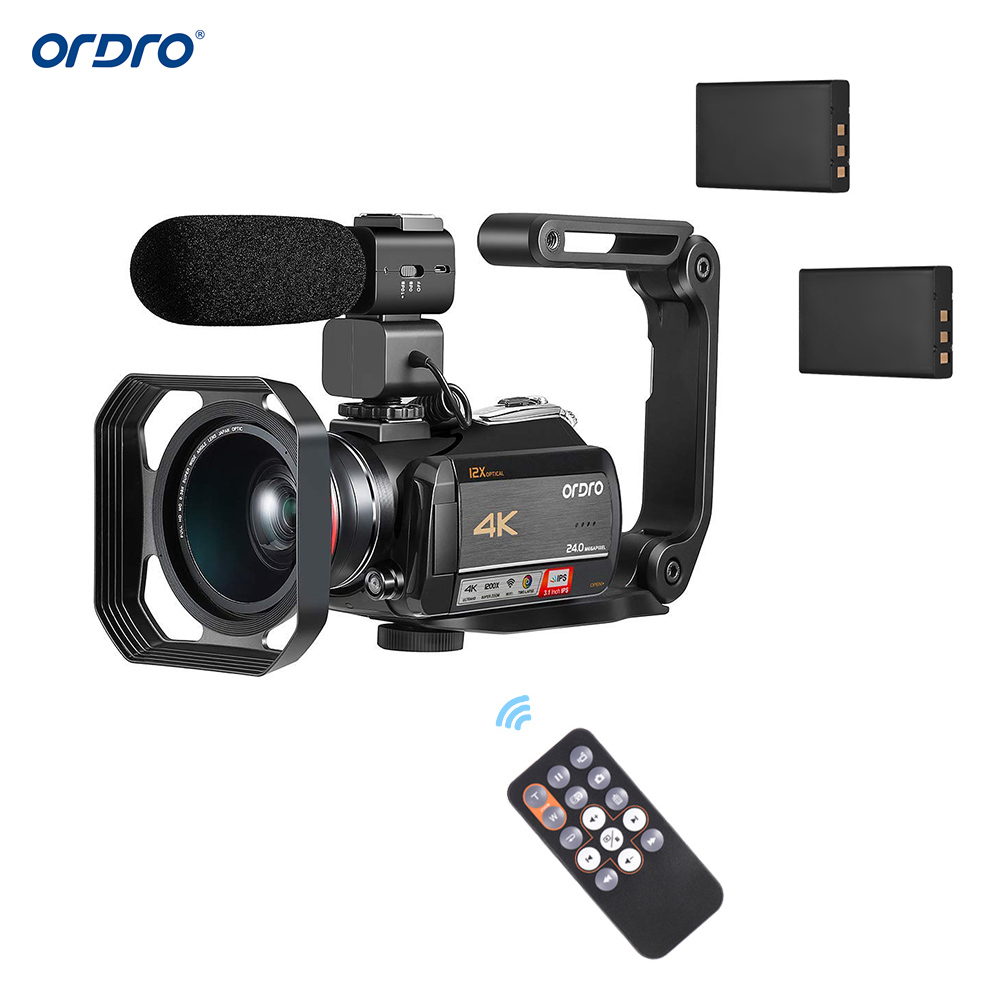 ORDRO AC5 4K WI-FI Digital Video Camera Camcorder Recorder DV 24MP 3.1 Inch IPS Touchscreen 12X Optical Zoom Time-Lapse Face Detection Anti-shake with 2pcs Lithium Batteries + 0.39X Wide Angle Lens + Lens Hood + External Microphone + Camera Holder. 