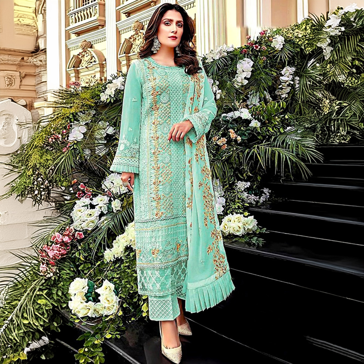 Latest Georgette Paste Color Dress - Computer Embroidery Work - Free Size Exclusive Designer Collection - Suitable for All Occasions and Seasons