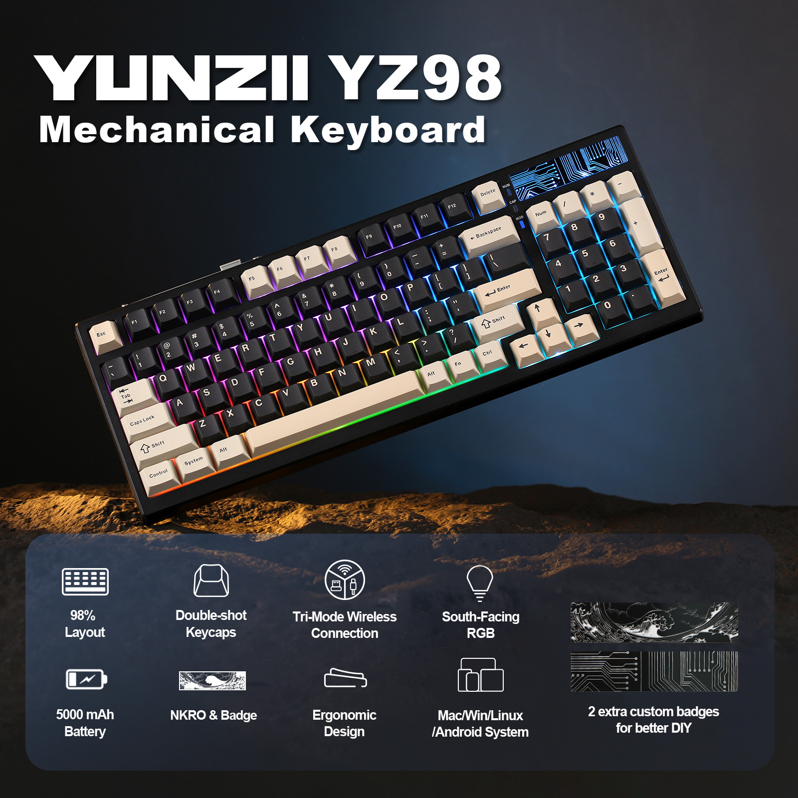 YUNZII YZ98 Black Mechanical Gaming Keyboard, 99-Key Hot Swap Gasket Keyboard, 98% 1800 Layout Wireless RGB Full-Size Keyboard. 