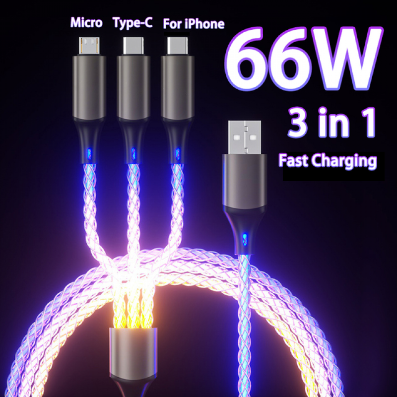 RGB data cable one tow three car luminous breathing gradient super fast charging for Apple Android Type-C. 