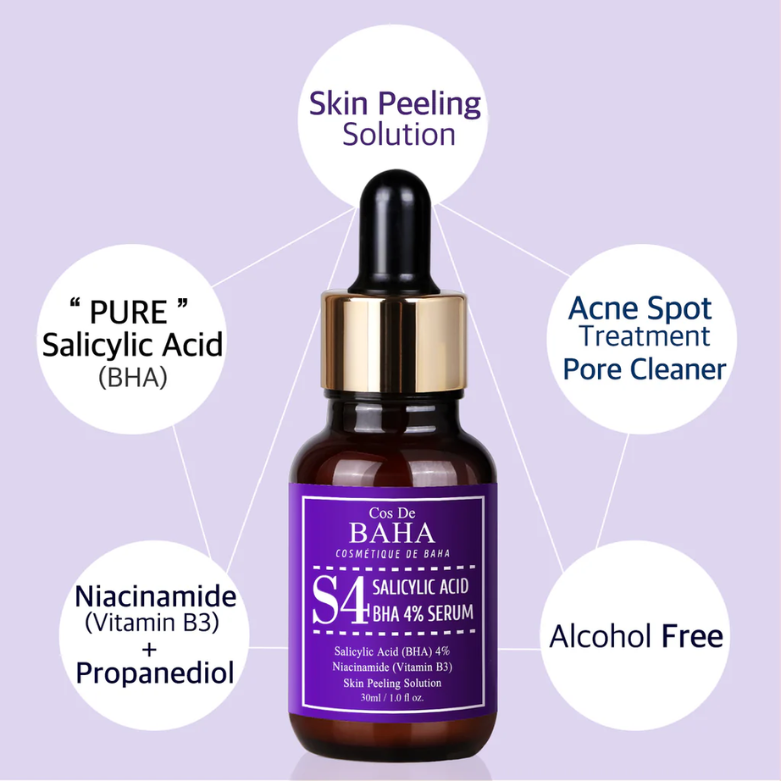 Cos De BAHA Salicylic Acid BHA 4% Salicylic Acid 4% Exfoliant Facial Serum with Niacinamide - BHA for Peel, Acne Spot Treatment + Redness Relief + Pore Minimizer + Pore Cleaner + Alcohol Free, 1oz (30ml). 