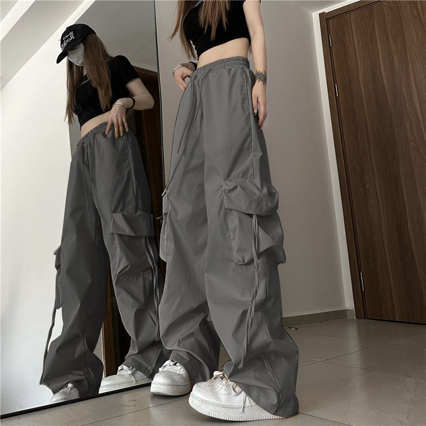 American-Style Retro Thin Quick-Drying Overalls for Women High Waist Slimming All-Matching Straight Wide Leg Casual Mopping Trousers Trendy Summer. 