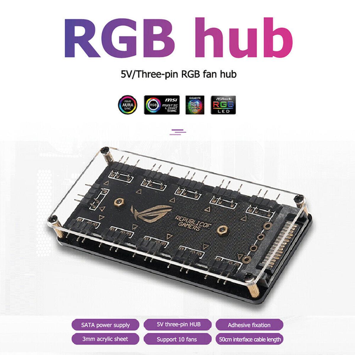 5V 3-pin RGB 10 Hub Splitter SATA Power 3pin ARGB Adapter Extension Cable