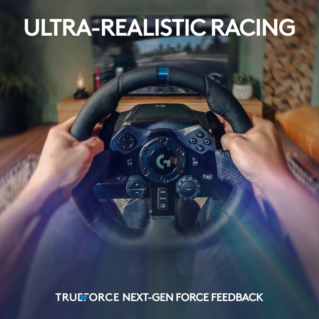 Logitech G923 Racing Wheel and Pedals, TRUEFORCE Feedback, Responsive Driving Design, Dual Clutch Launch Control, Genuine Leather Steering Wheel Cover, for PS5, PS4, PC, Mac. 