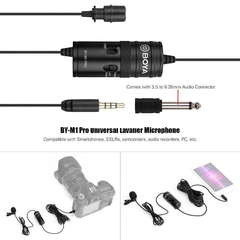 Boya M1 Pro Lavalier Microphone with 3.5mm Jack for Smartphones, DSLRs, Camcorders, and PCs, Low Handling Noise, High-Quality Condenser, Includes Battery and Accessories. 