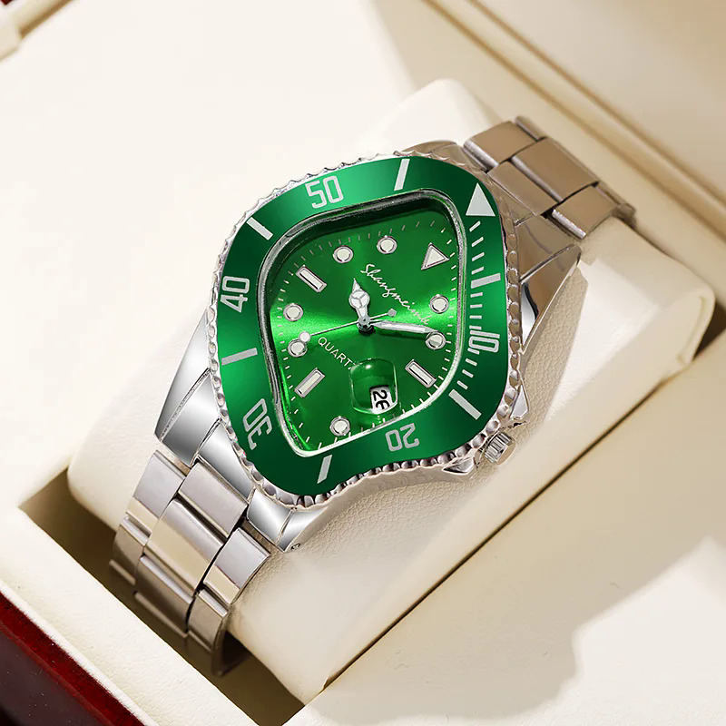 【NShisasN】Watch for Men Unusual Conceptual Crash Melting Twist Shaped Case Quartz Wristwatch Male Man Rhombic Green Clock Reloj Hombre. 