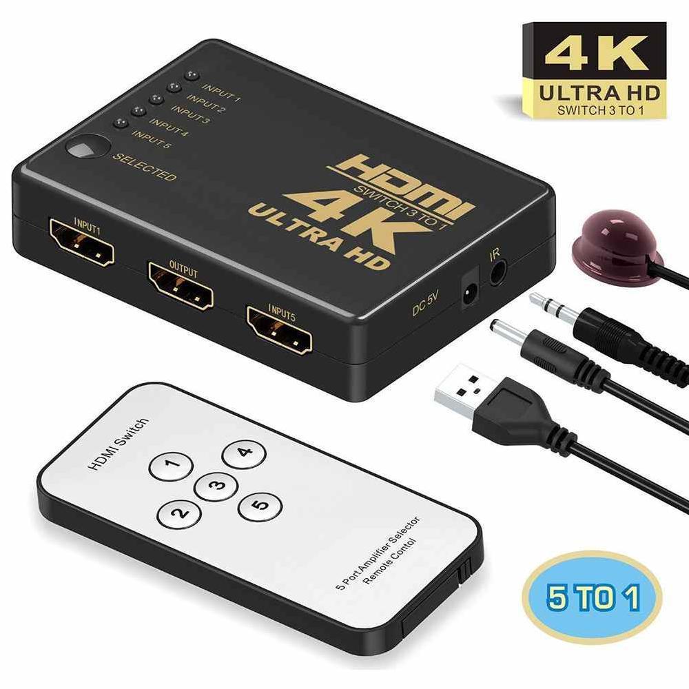 5 In 1 HDMI Switcher 1080p 5 Port 4K HDMI Switch Switcher Selector Splitter With Hub IR Remote FOr HDTV DVD EU PLUG. 