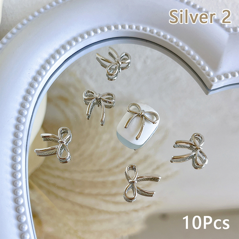 10pcs Bow Deco Nail Art Charm 3D Silver/Gold Bowknot Ribbon Nail Decor Parts DIY Luxury Manicure Accessories
