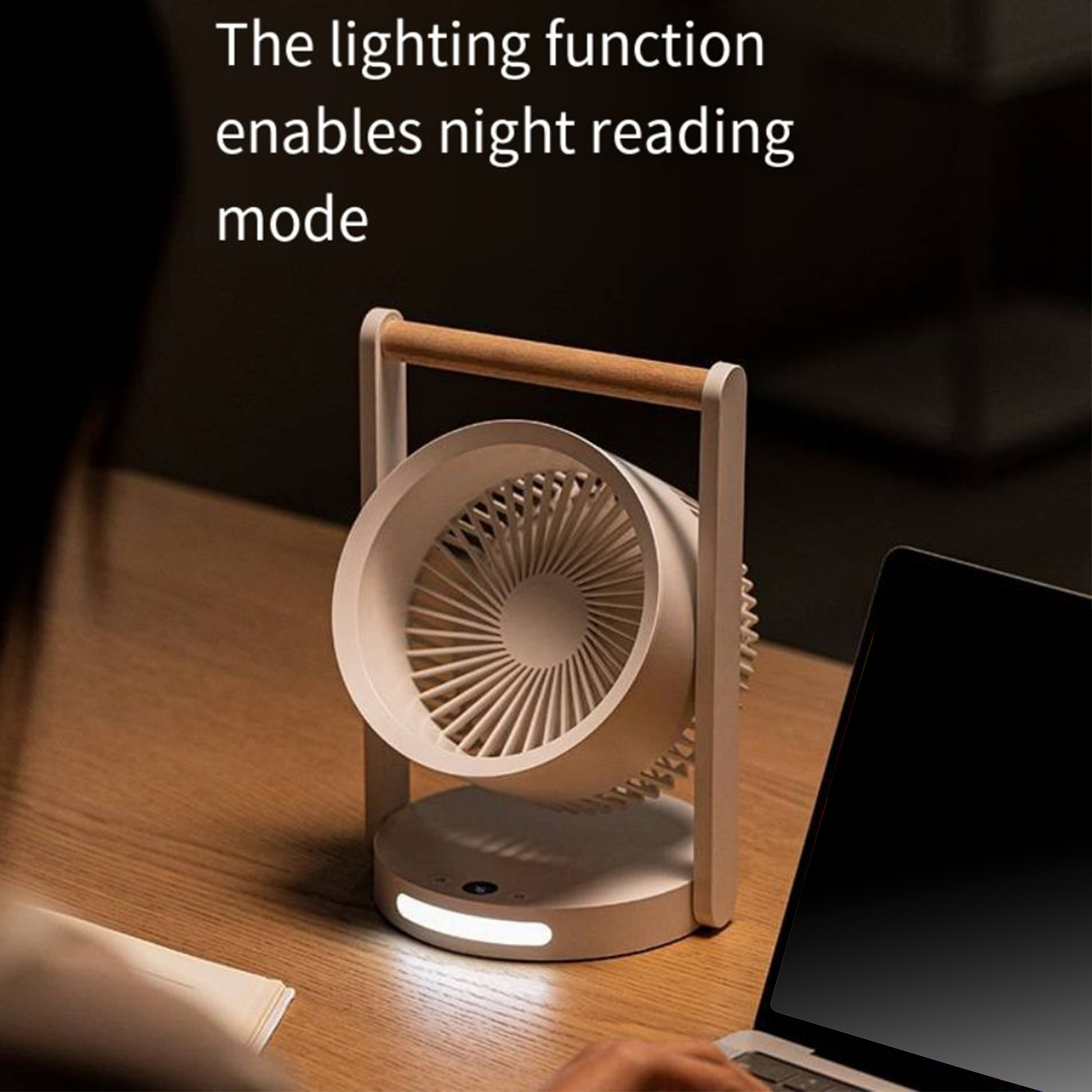 GC Mini Desk Fan, 90° Rotate Table Fan, Quiet Operation Table Fan With Wooden Handle, LED Night Light, 5 Speeds Strong Air, LED Battery Level Display. 