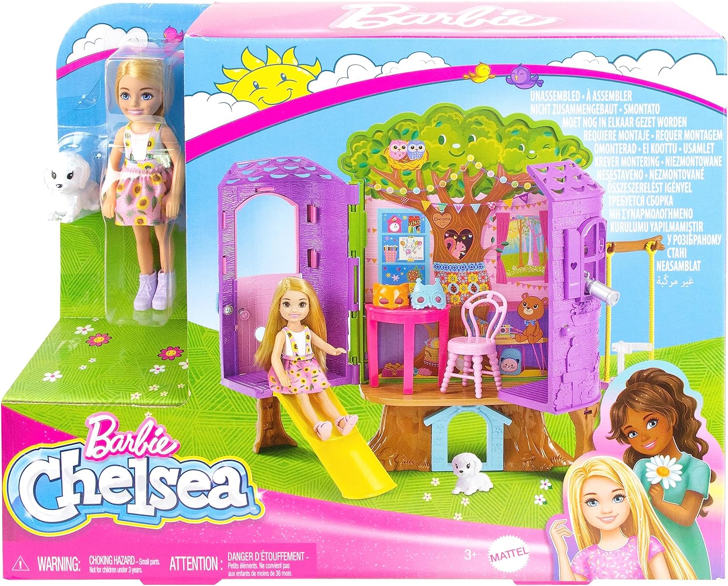 Barbie HPL70 Chelsea  Doll and Treehouse Playset  BARBIE - Chelsea Doll and Tree House Playset with Puppy with Furniture, Slide and More Than 10 Accessories for Endless Creative Fun for Children