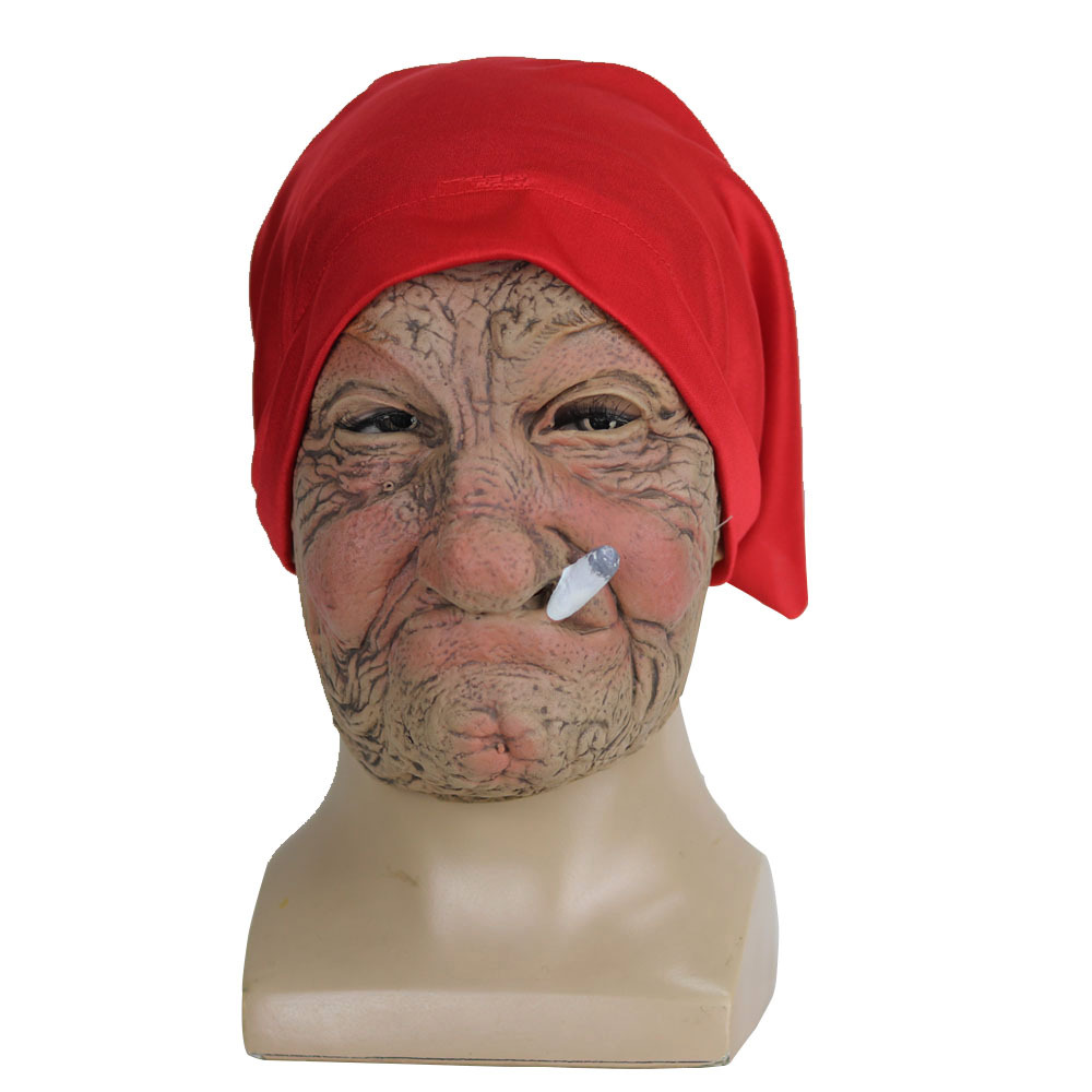 2024 Funny Smoking Granny Old Nana Latex Mask Lady Grandma With Wrinkled Face and Red Scarf Masks Halloween Party Costume Props. 