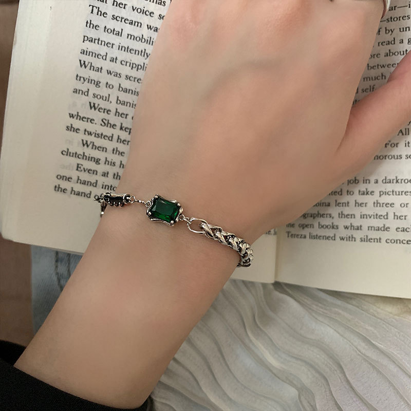 925 sterling silver square green diamond bracelet women's vintage Thai silver distressed hollow fashion love buckle thick chain bracelet. 