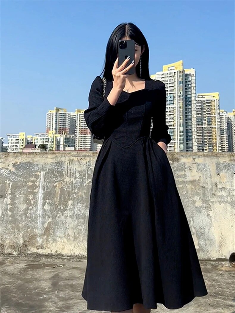 Black Maxi Dresses For Women Elegant French Square Neck Long Dress Korean Fashion Autumn 2023 Party Casual Vintage Vestidos. 