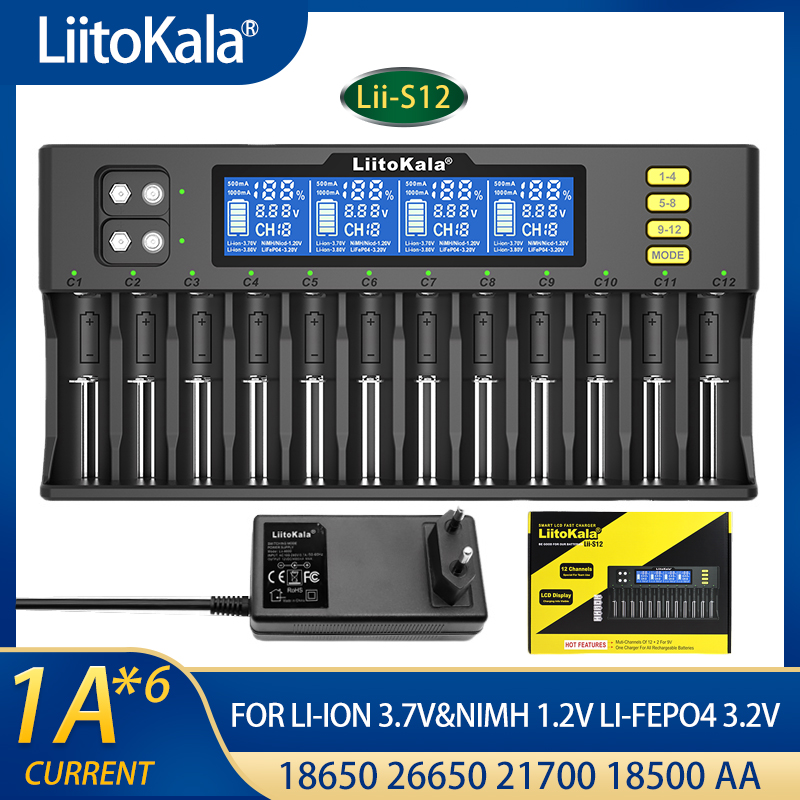 LiitoKala Lii-S12 S2 21700 9V Battery Charger LCD Display 12 Trough For 1.2V 3.8V 3.2V 3.7V IMR NiMH/Cd 18650 26650 26700 AA AAA