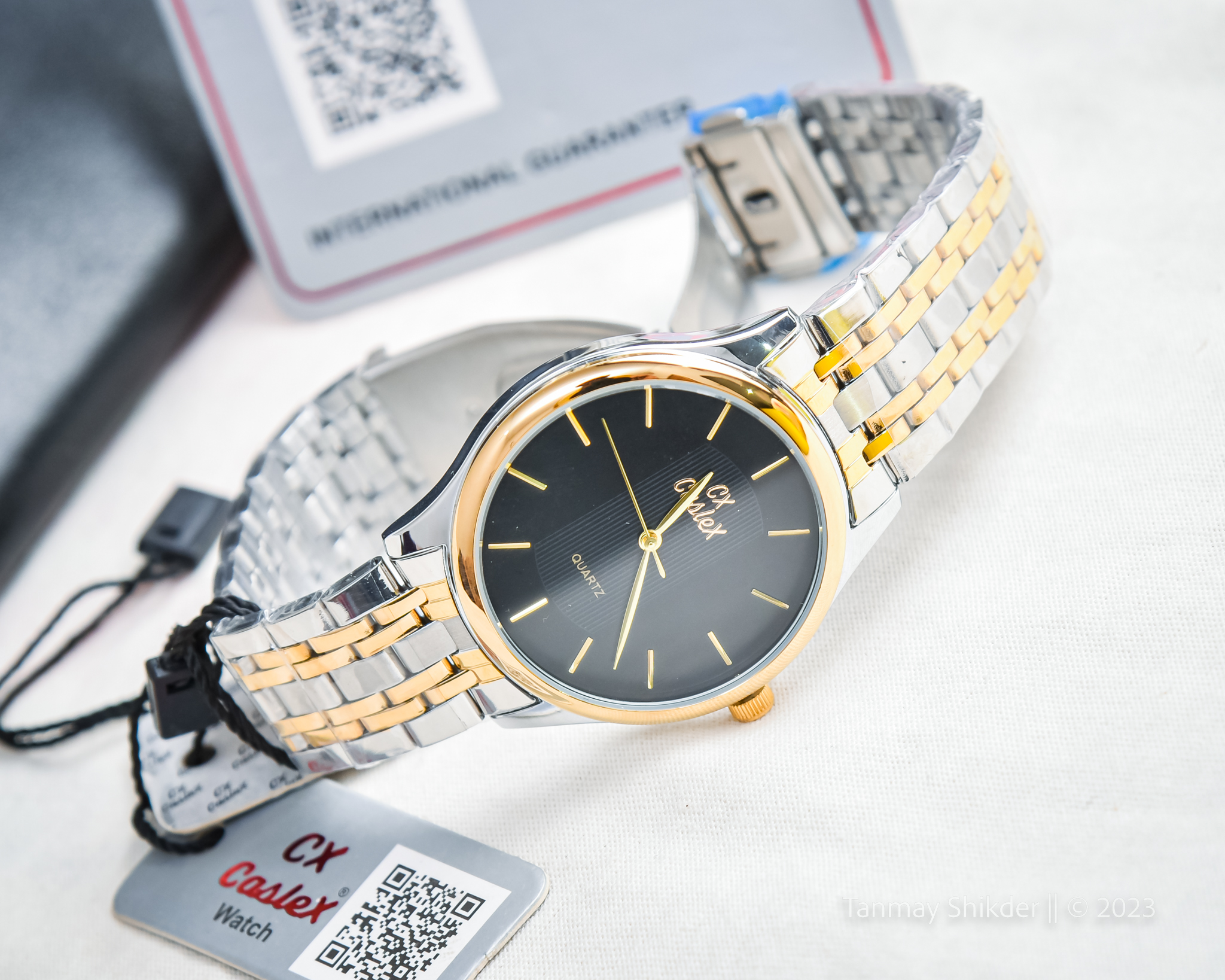 CX-Caslex 8268 Unique Design Fashionable Casual Classic Analog Men's Stainless Steel Wrist Watch For Men- Two Tone Black. 
