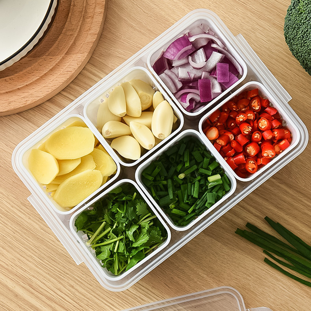 Refrigerator Six-point Grid Storage Fresh Boxes Drain Division Basket Storage Containers Kitchen Box. 