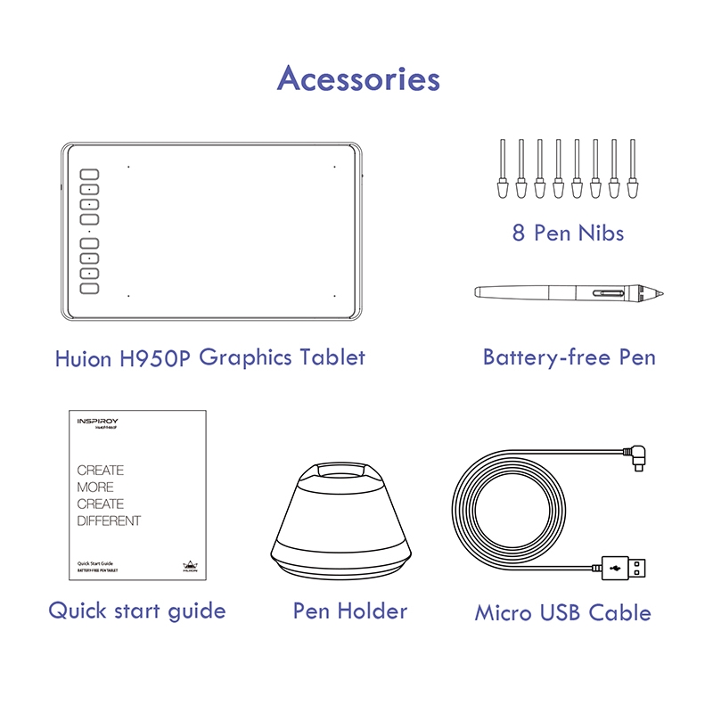 HUION Inspiroy Series H950P 5080LPI Professional Art USB Graphics Drawing for Windows / Mac OS, with Battery-free Pen. 