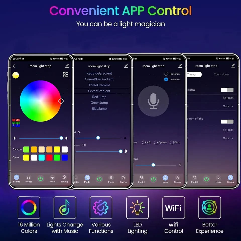 Customize Your Space with Vibrant RGB LED Strip Lights - App and Remote Control. 