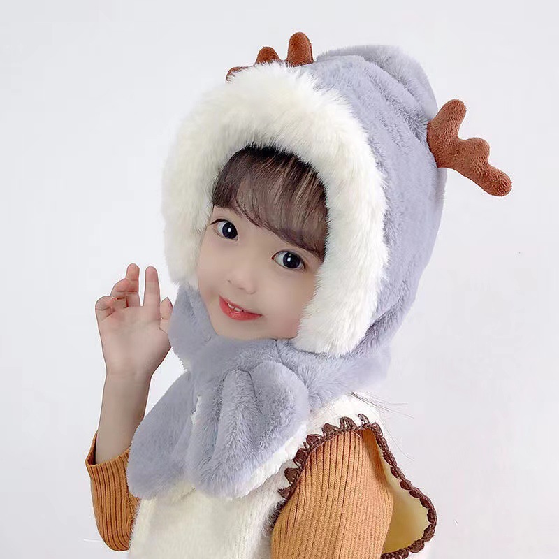 Cute Antler Baby Hat Winter Plush Warm Baby Scarf Hat Scarf Integrated Warm and Windproof 1-6 Years. 