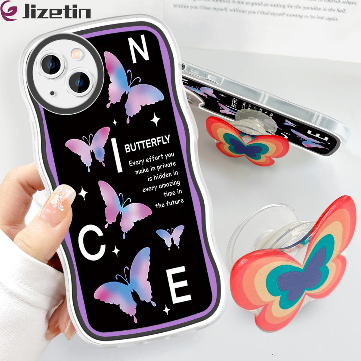 Jizetin for iPhone 13 Mini Back Cover + Free Pop Socket Colorful Butterfly Soft Wavy Shape TPU Phone Case For Girls Boys
