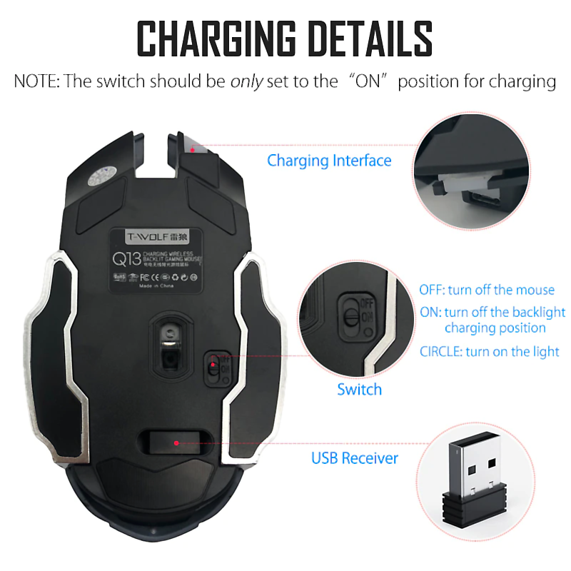 Wireless Mouse With RGB Light Rechargeable Wireless Gaming Mouse T-Wolf Q13 Computer Mouse Laptop PC OTG Gaming Design Modern Wireless Mouse In BD. 