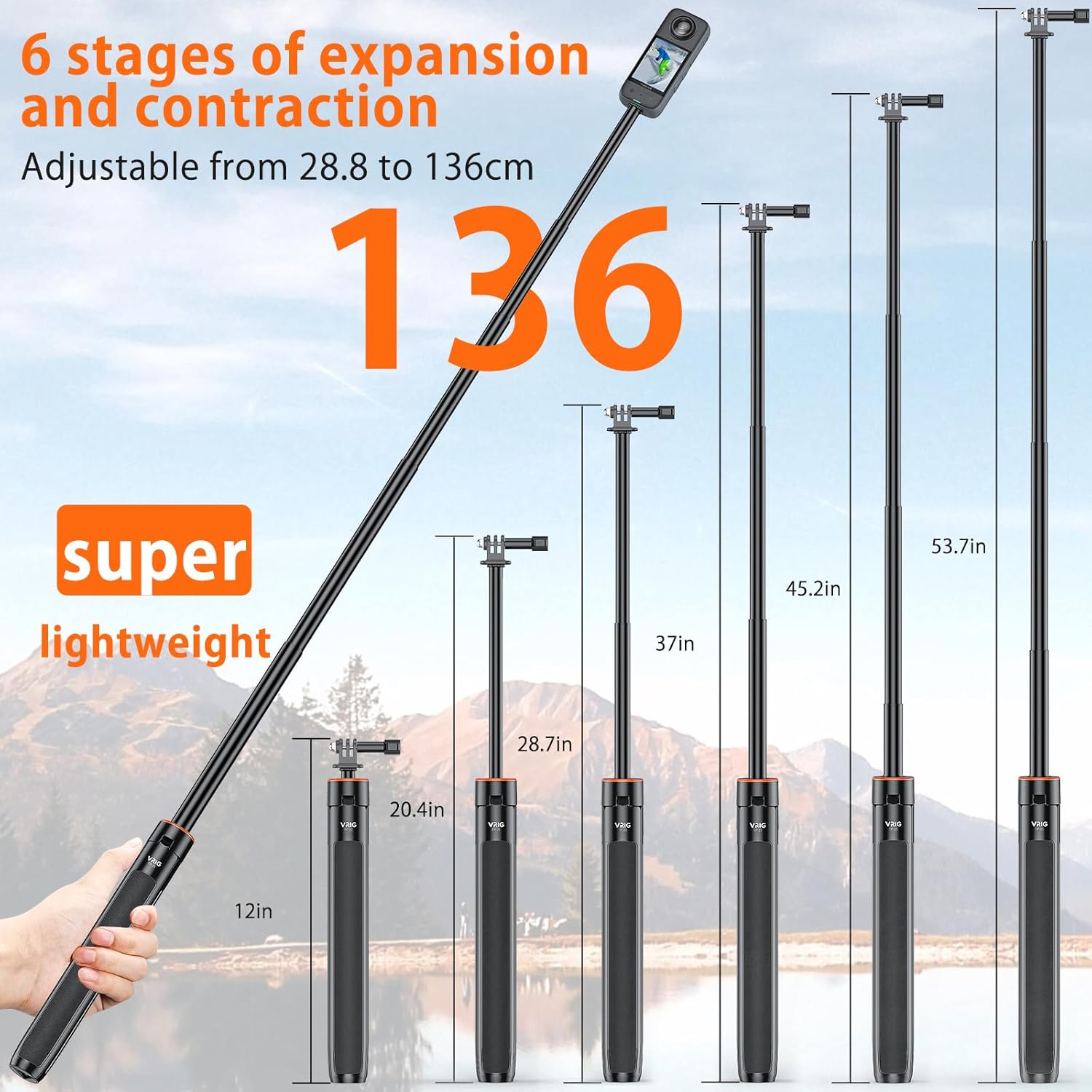 VRIG TP-21 Extendable Selfie Stick Tripod for GoPro Max Hero 10 9 8 7 6 5 4, DJI Osmo Action, Insta 360 One R and More Action Camera（55.1''）. 