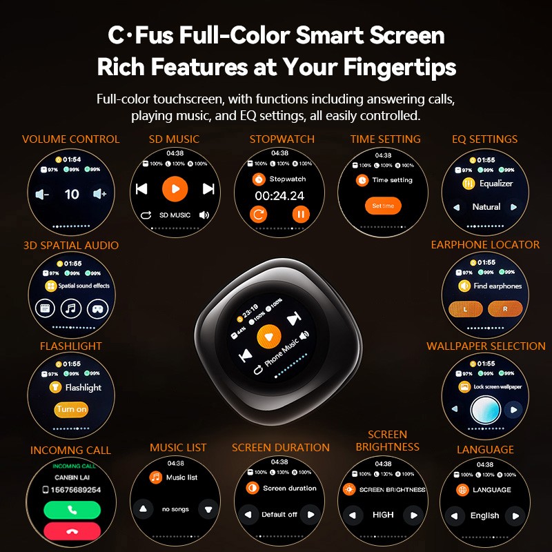 LCD Multifunctional Open Ear Clip On Headphones Built-in 1GB TF Card,Wireless Earbuds Bluetooth 5.4 Sport Earphones with TF Card Slot,2 in 1 MP3 Player Earbud with Charging Case Built-in Touch Control LED ScreeO. 