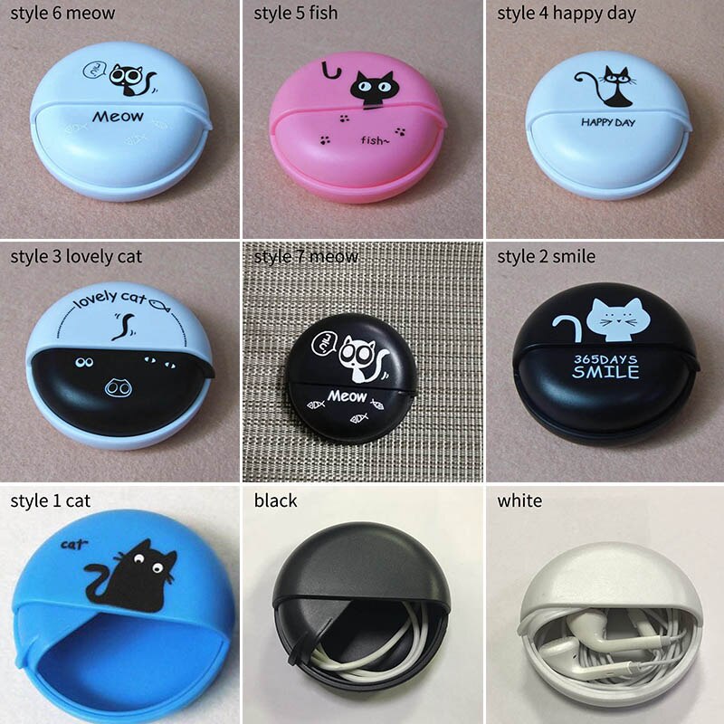 Plastic Earphone Organizer Cute Cartoon Headphone Container Rotating Cover Round Earphone Wire Box Data Line Cables Storage Case. 