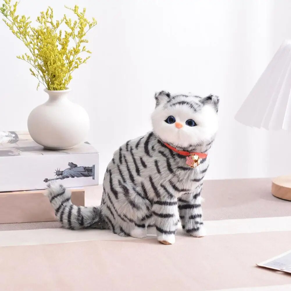 Plush Cat Toy Adorable Cat Toy Soft Fluffy Realistic Sitting Cat Plush Toy with Collar Stuffed Kitten Plushie Doll for Home. 