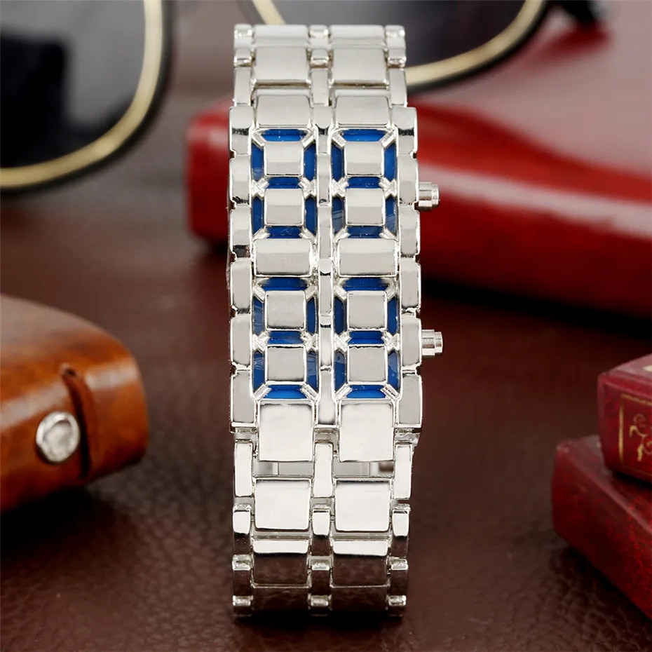 【DATA FROG Global MALL】(New) fashion black metal digital lava watch men red/blue LED display men's watches gifts for male sport creative clock