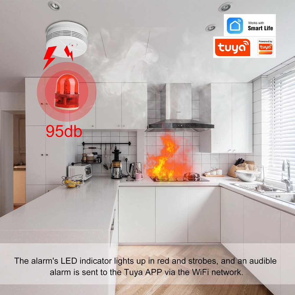 Wifi Smart Smoke Detector Fire Alarm Sensor Wireless Security System Smart Life Tuya APP Control. 