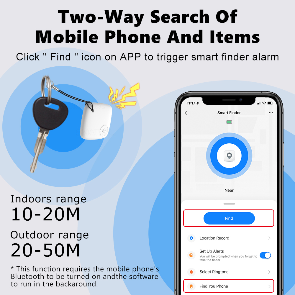 ROVF Tuya Bluetooth Key Finder Wireless Smart Tracker Anti-lost Tracker Child Bag Wallet APP Record 80DB for Phone Key Bag. 