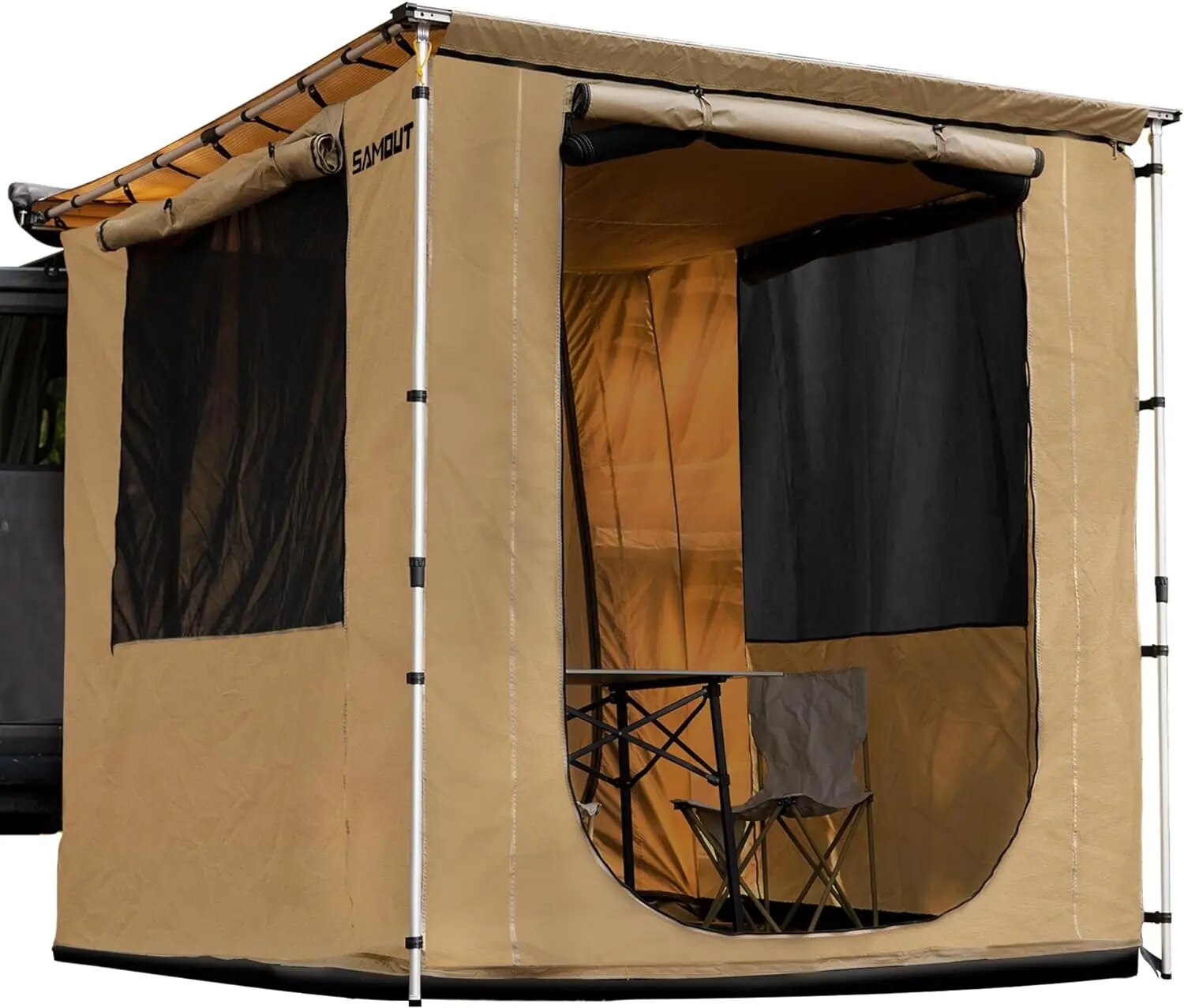 Camping Tent Vehicle Awning Room 8.2' X 8.2' Rip-Stop 420D Oxford Side Awning Changing Room With PVC Floor Carport Pergola Shade. 