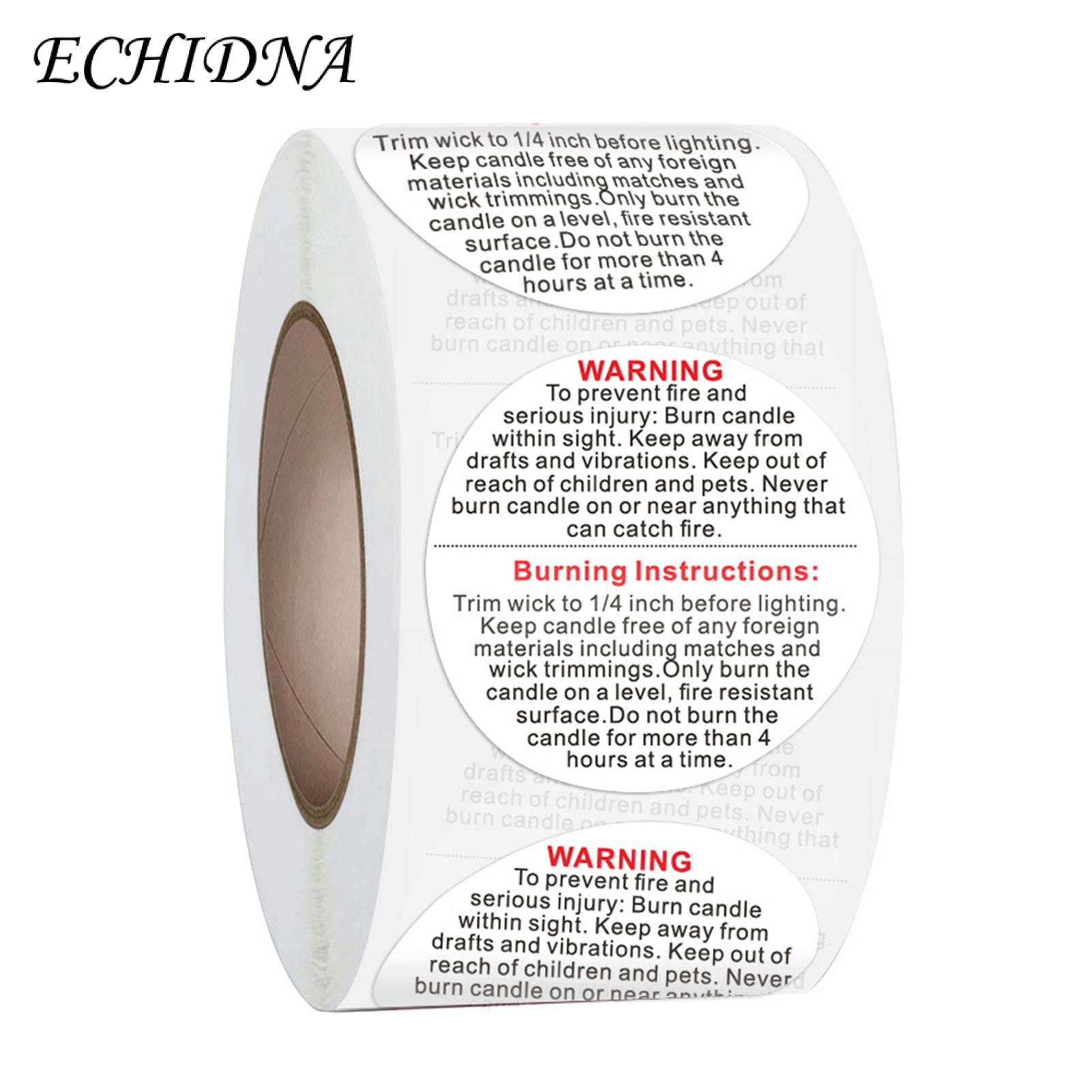 ECHIDNA Candle Warning Labels Wide Applications Round Label Black And White Text. 