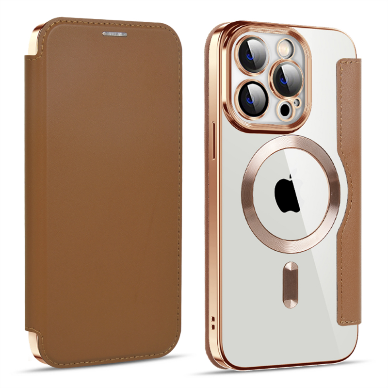 HOCE Leather Flip Wallet Magnetic Phone Cases For iPhone 17 16 15 14 13 12 11 Pro Max 14 15 16 Plus For Mag Safe Case Card Slots Plating Clear Back Cover With Lens Protective Film