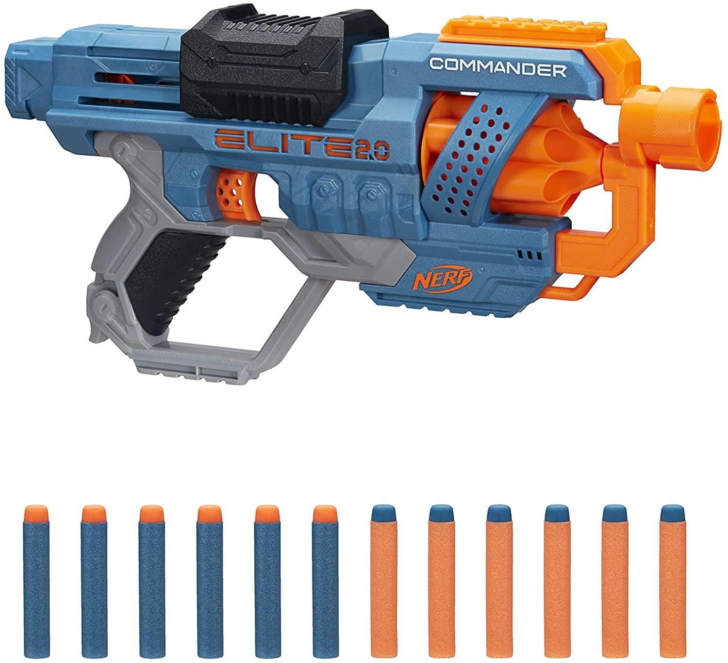 NERF Elite 2.0 Commander RD-6 Blaster, 12 Official Darts, 6-Dart Rotating Drum, Tactical Rails, Barrel, and Attachment Points. 