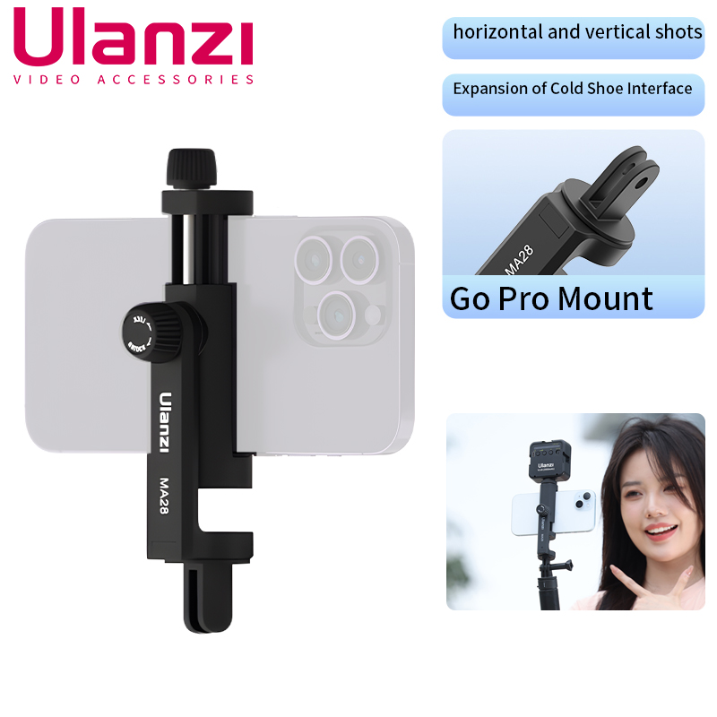 Ulanzi MA28 Phone Stand Clamp Gopro Tripod Mount 360 Rotation Phone Clip with Cold Shoe for Microphone Led Video Vlog Live