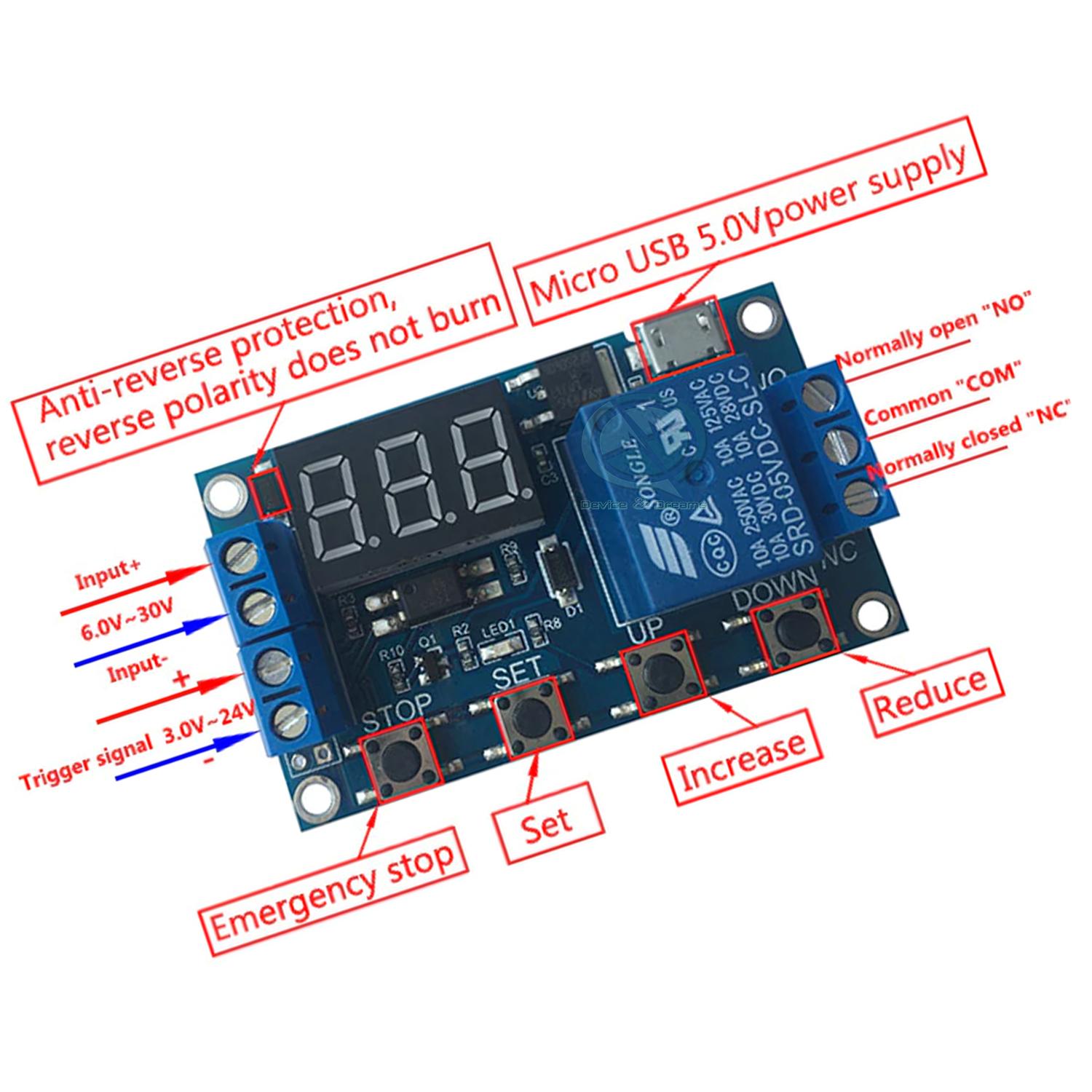 DC 6V-30V Support Micro USB 5V LED Display Automation Cycle DeIay Timer Control On Off Relay Switch Module 6V 9V 12V 24V. 