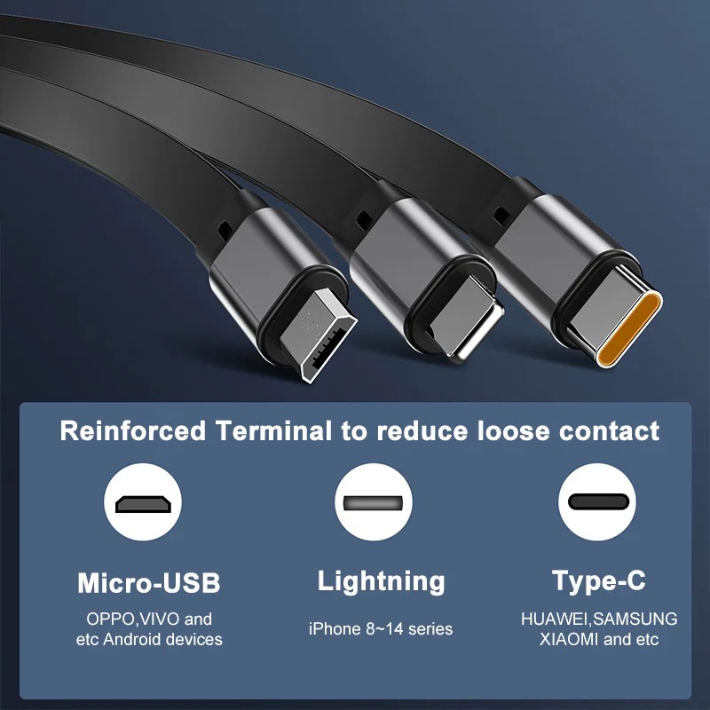 Fast Charging 3 In 1 100W Retractable Micro Usb Cable Mobile Phone Cable Super Fast Charging Type-c Data Cable. 
