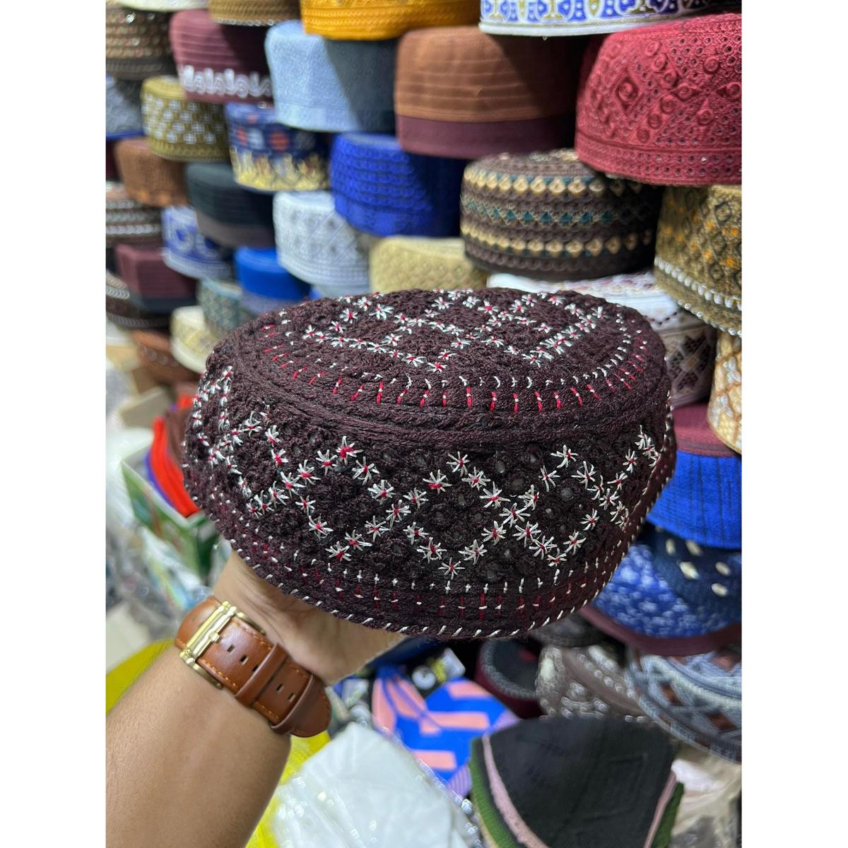 Beautiful Design & Coffee Color Pakistani Hand Made Glass Stone Setting Tupi for Men (Size 55,56)