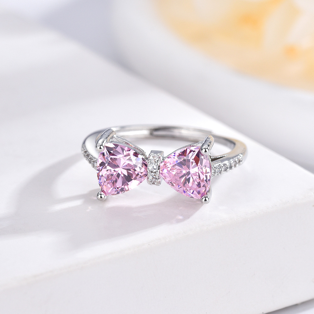 Super Flash Pink Mopping Pad Zircon Bow Open Ring Female Fashion Sweet and Cute Princess Girl Heart Ring